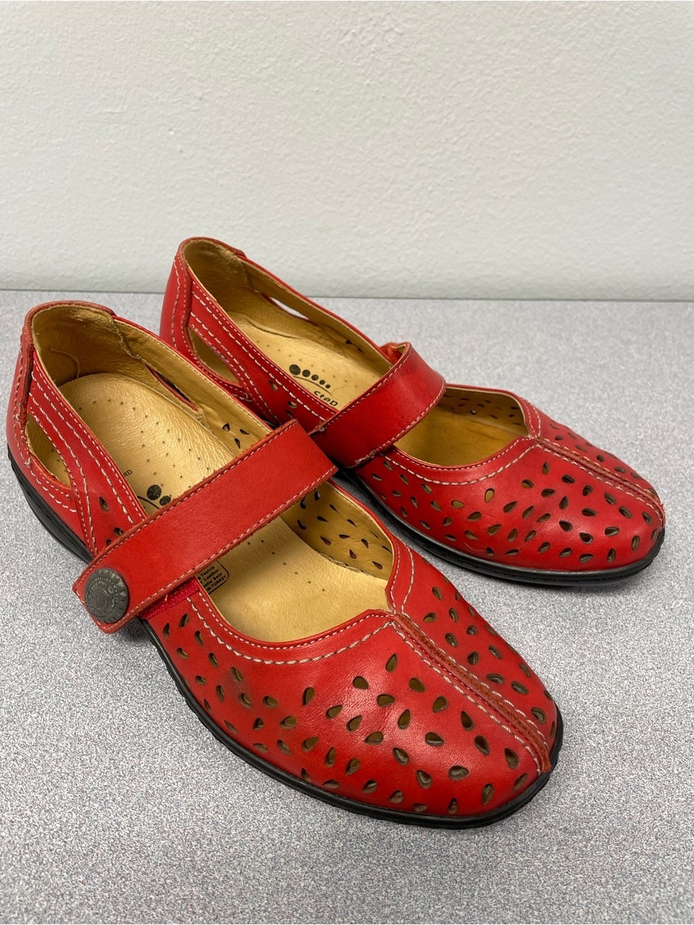 Spring Step Red Leather Mary Jane Loafers with Perforated Detail